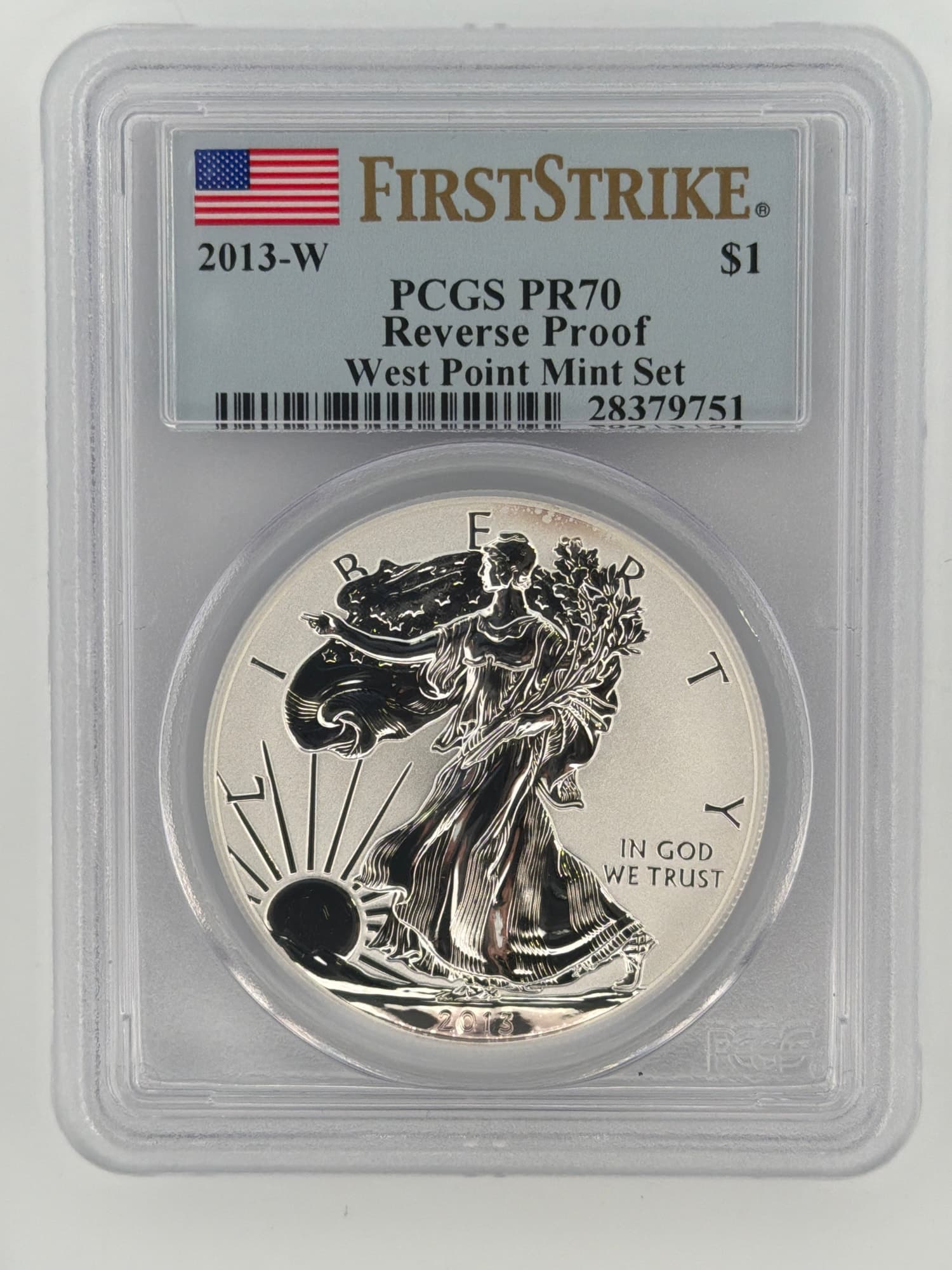 2013-W American Silver Eagle Reverse Proof PCGS PR70 First Strike obverse in West Point Mint Set slab showing Walking Liberty design