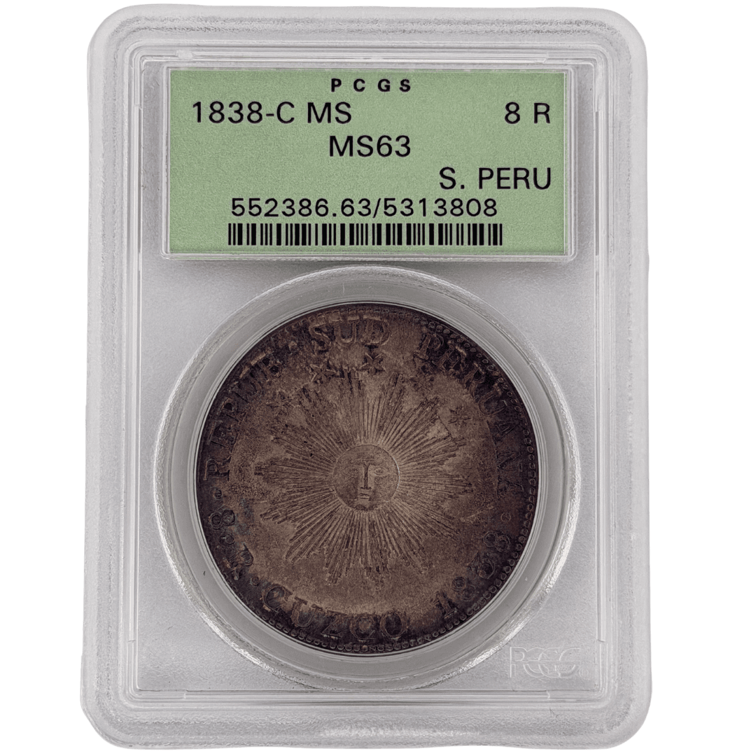 1838-C South Peru 8 Reales PCGS MS63 obverse showing Inca Sun face radiant design and REPUB. SUD PERU legend in PCGS slab