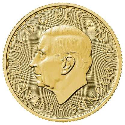 1/2 oz Gold Britannia coin obverse — monarch portrait, .9999 fine gold, The Royal Mint