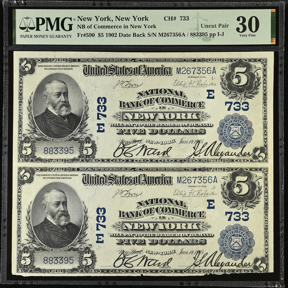 National Bank of Commerce New York, $5 1902 Date Back Uncut PMG VF 30 - Lone Star Coins