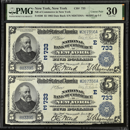 National Bank of Commerce New York, $5 1902 Date Back Uncut PMG VF 30