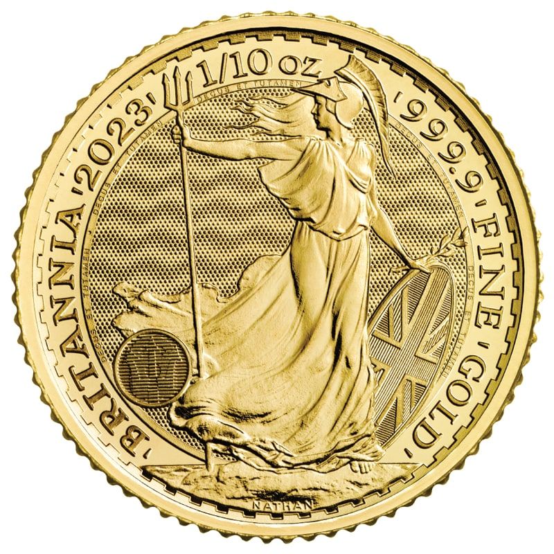 1/10 oz Gold Britannia coin reverse — Britannia design, .9999 fine gold bullion coin