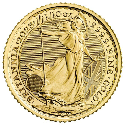 1/10 oz Gold Britannia coin reverse — Britannia design, .9999 fine gold bullion coin
