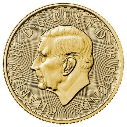 1/4 oz Gold Britannia coin obverse — monarch portrait, .9999 fine gold, The Royal Mint