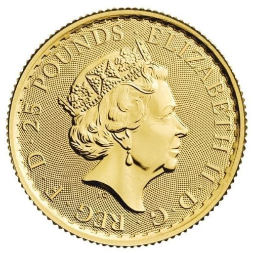 1/4 oz Gold Britannia coin obverse — monarch portrait, .9999 fine gold, The Royal Mint