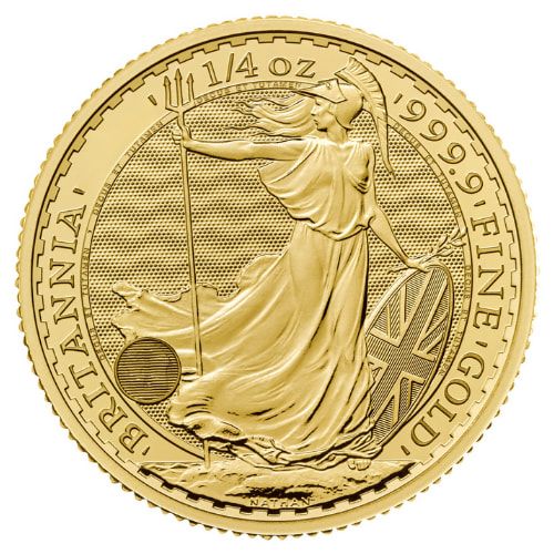 1/4 oz Gold Britannia coin reverse — Britannia with shield and trident, .9999 fine gold