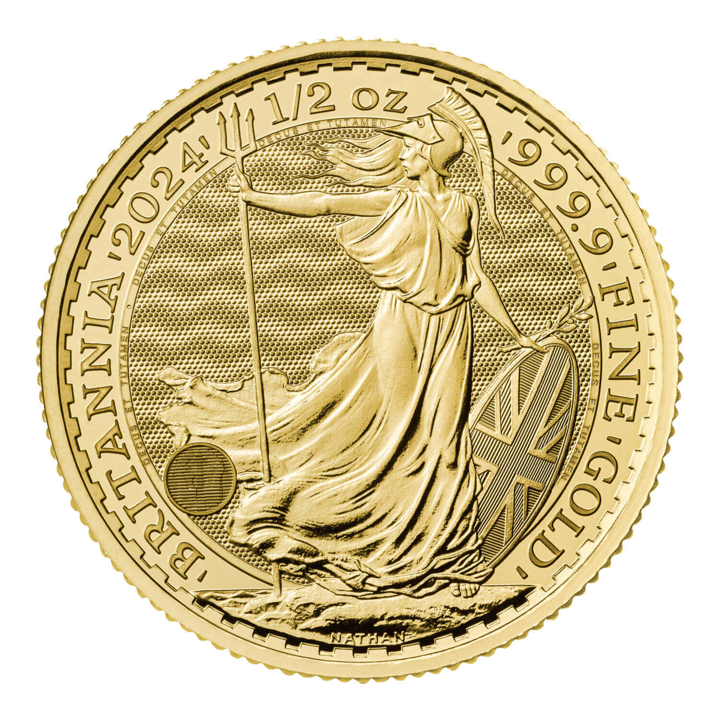 1/2 oz Gold Britannia coin reverse — Britannia standing design, .9999 fine gold