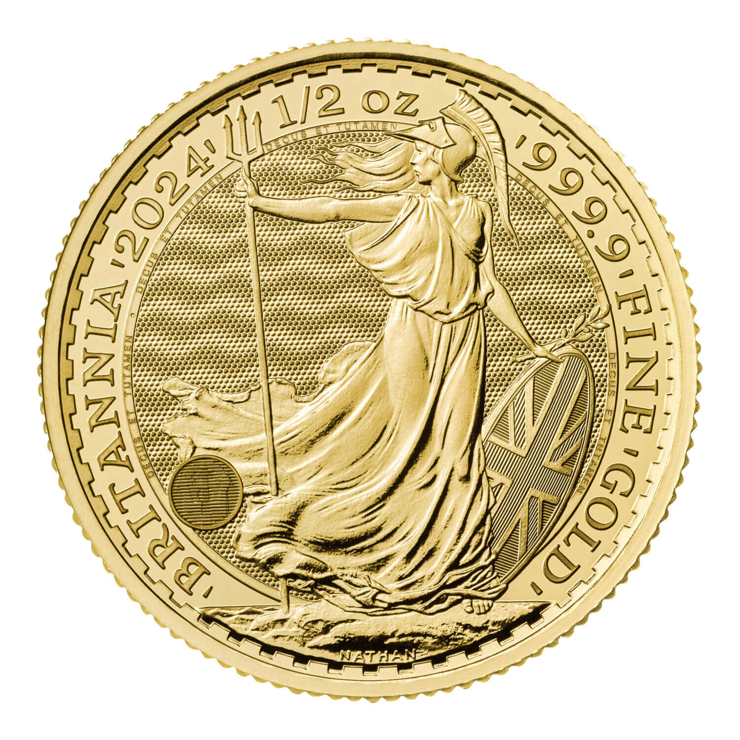 1/2 oz Gold Britannia coin reverse — Britannia standing design, .9999 fine gold