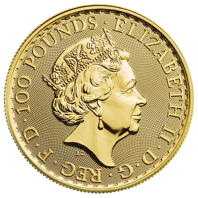 1 oz Gold Britannia coin obverse — portrait of the monarch, .9999 fine gold, The Royal Mint