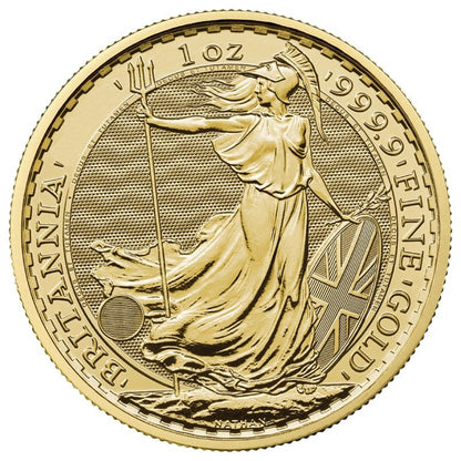 1 oz Gold Britannia coin reverse — Britannia design with security features, .9999 fine gold