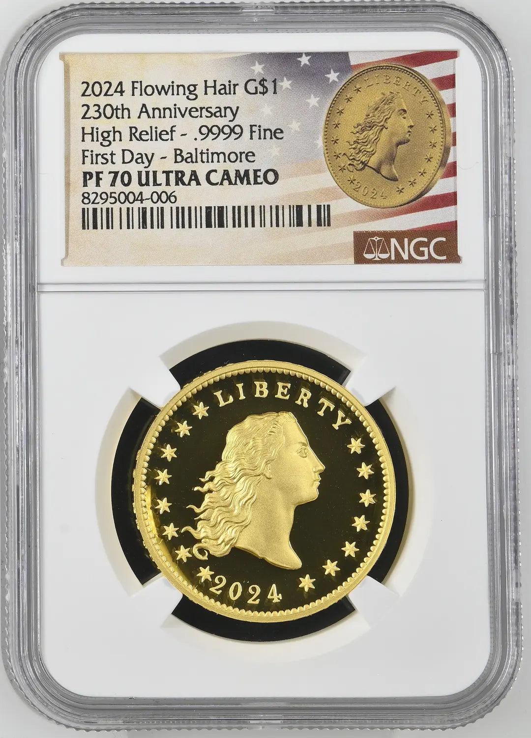 2024 Flowing Hair 230th Anniv. | First Day Baltimore High Relief | .9999 Fine G$1 | PF70 Ultra Cameo