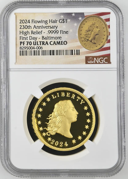 2024 Flowing Hair 230th Anniv. | First Day Baltimore High Relief | .9999 Fine G$1 | PF70 Ultra Cameo